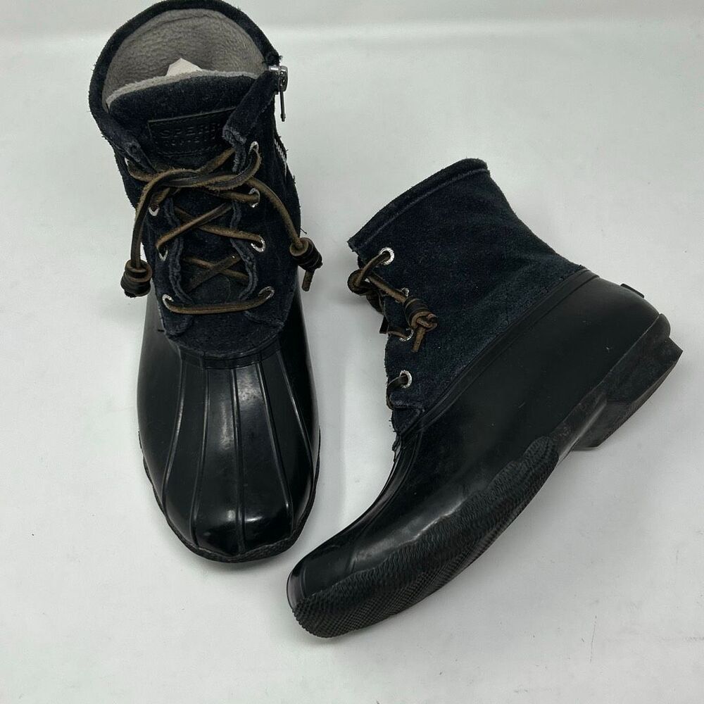 Sperry Duck Boots Black Sz 7 Suede Leather Upper Rain Snow Rubber Side Zip